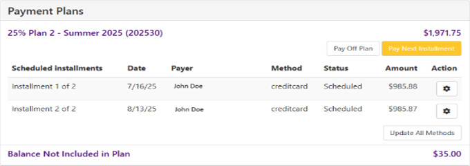Screenshots of Payment Plans